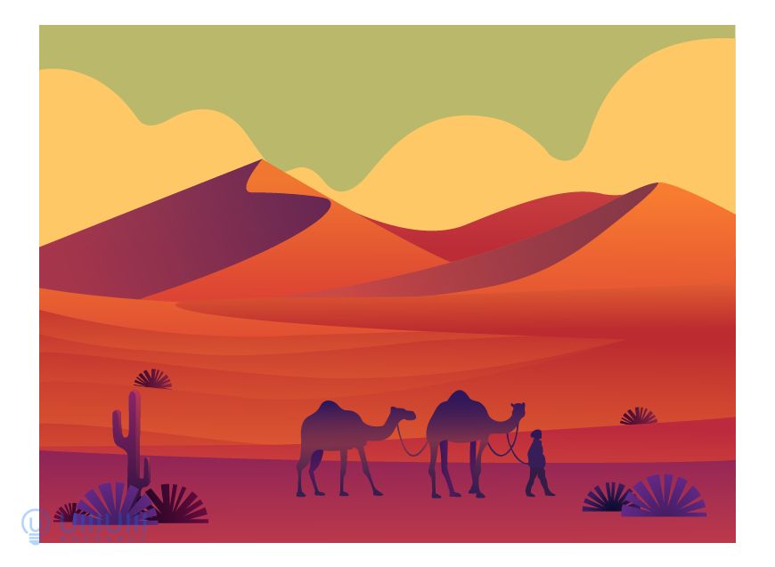 AI教程！噪点质感扁平沙漠场景插画